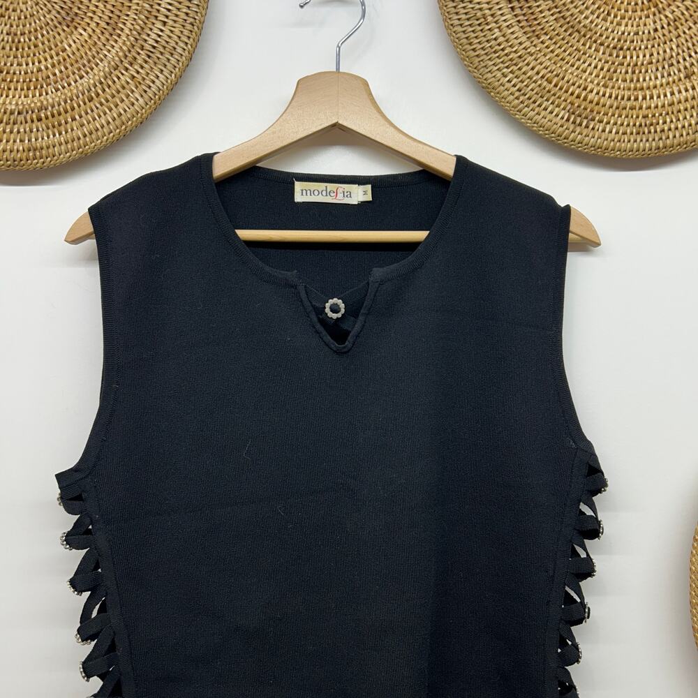 Vintage Y2K 2000s Black Flower Grommet Lace Up Cut Out Side Knit Tank Top Medium - Picture 4 of 9